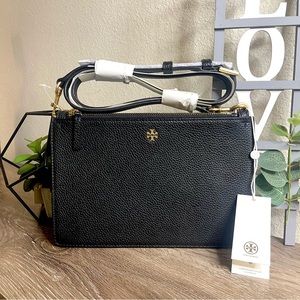 Tory Burch Blake Pebble Leather Double Zip Slim Crossbody Shoulder Bag Black